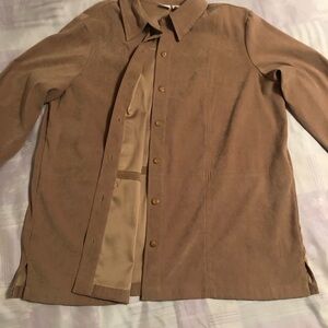 Shirt, jacket , button down, tan colored soft Suede look, smooth inside